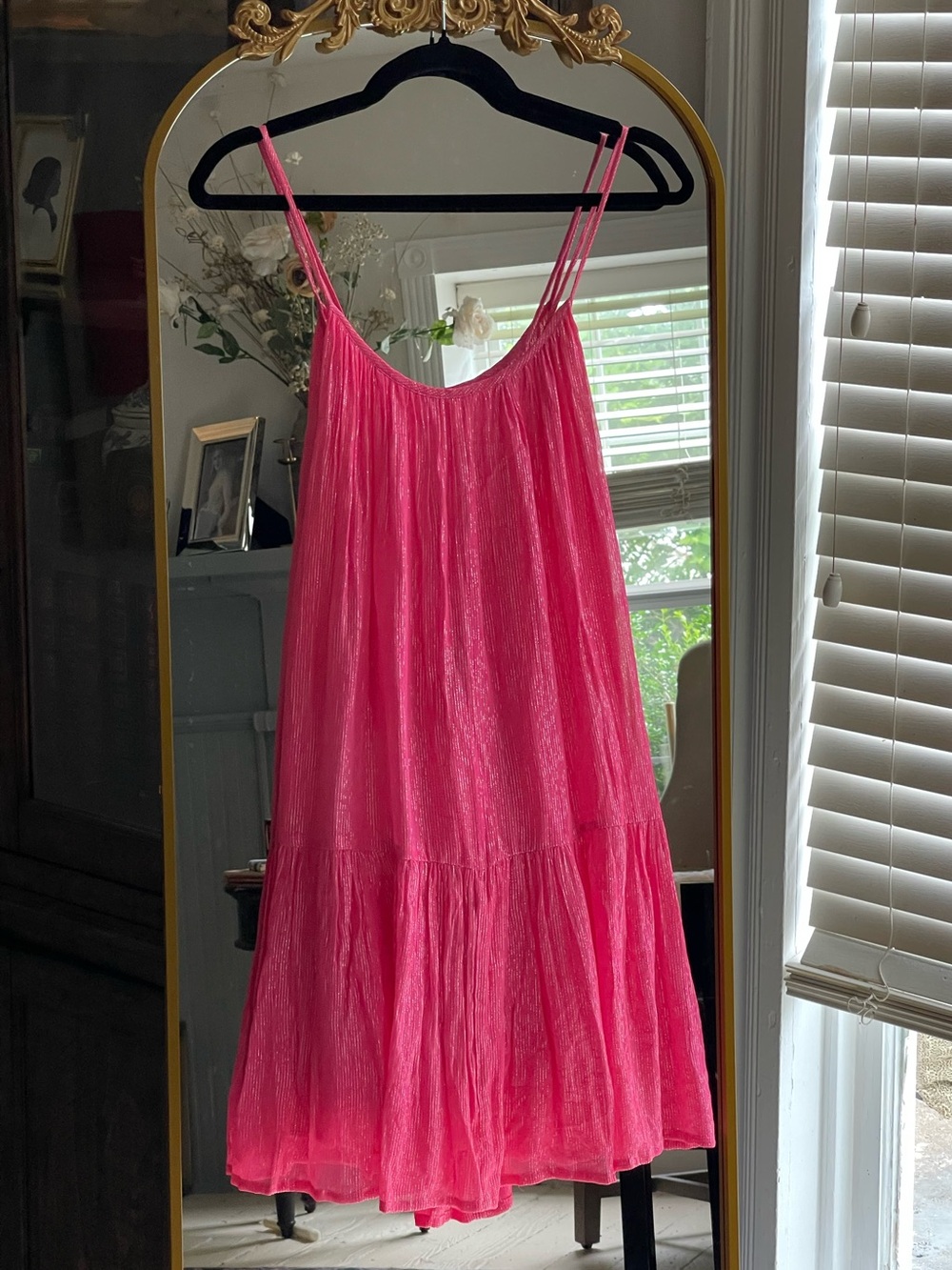 Sundress Brand Hot Pink Metallic Detail Spaghetti Strap Tiered Mini Dress
